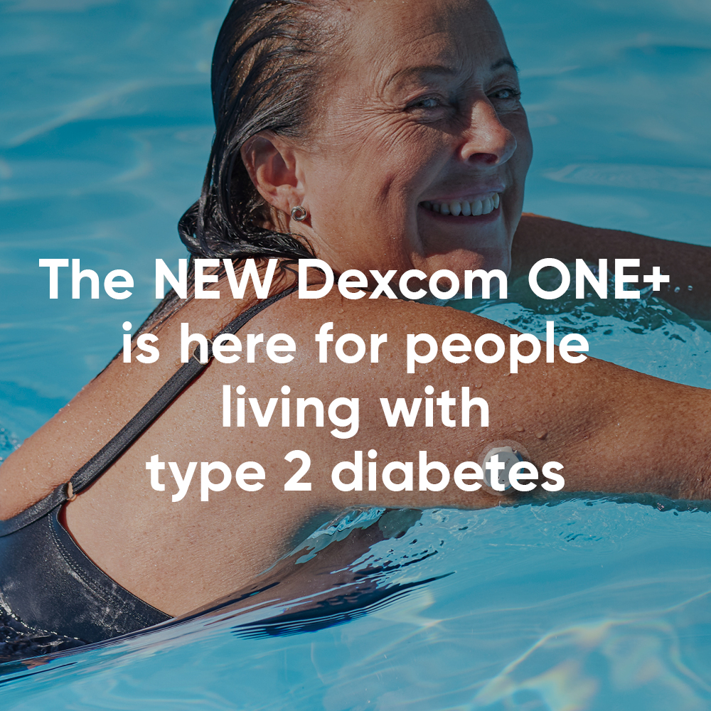 A women wearing a Dexcom CGM swims in a pool